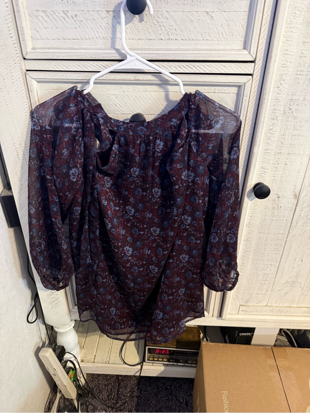 LOFT Sheer Floral Blouse in Plum with Blue Flowers
